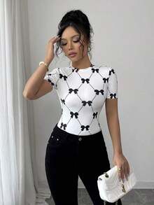 Camiseta de mujer de manga corta con estampado de moños, informal para el verano - Blanco - Ver 5