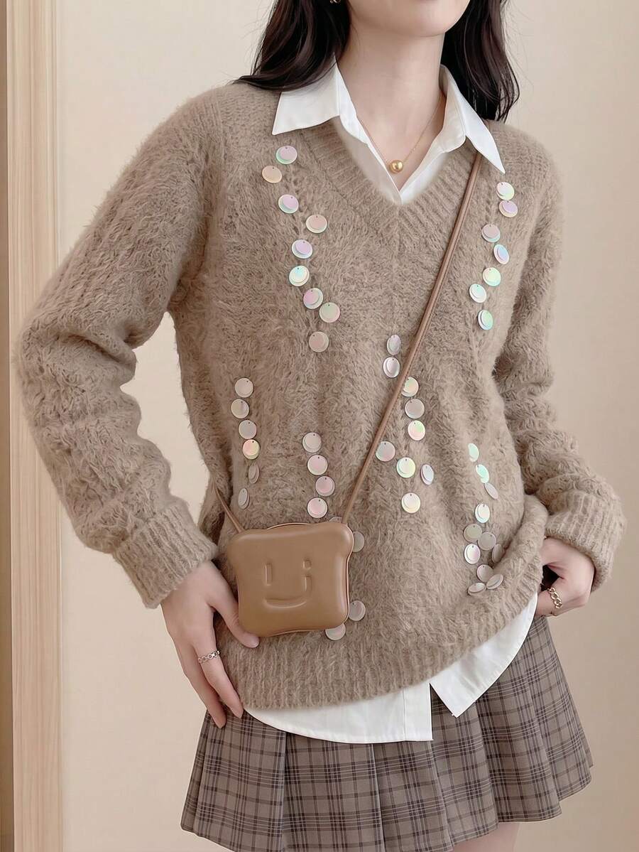 JIANHU Áo len ombre đính sequin công nghiệp nặng - Lạc đà - Xem 1