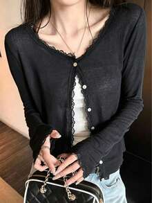 Women's Spring/Summer Lace Patchwork Floral Trim Soft Knit Cardigan Lightweight Jacket Black, Effortless Style - Black - View 1