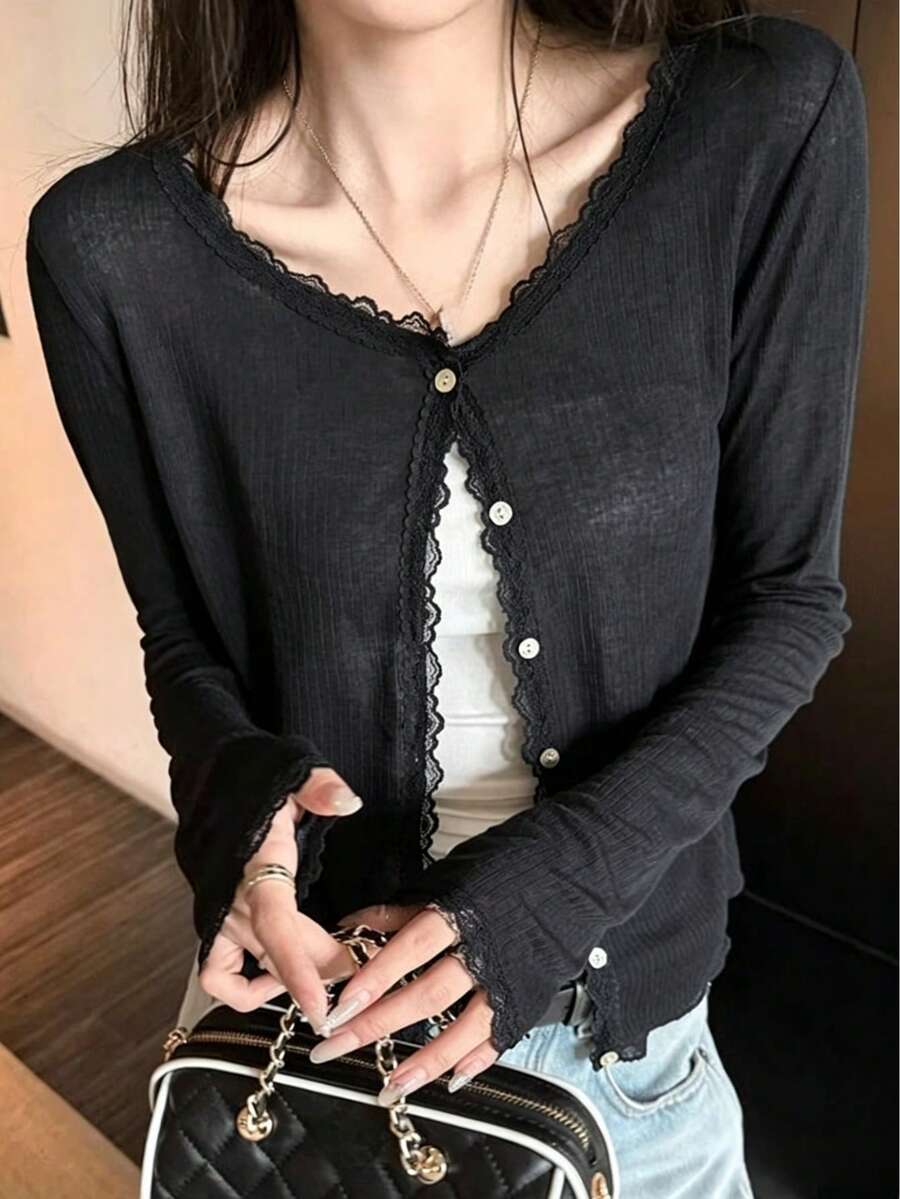 Women's Spring/Summer Lace Patchwork Floral Trim Soft Knit Cardigan Lightweight Jacket Black, Effortless Style - Black - View 1