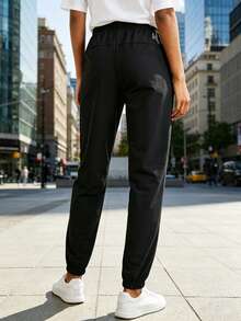 女款夏季運動長褲，抽繩腰鬆緊慢跑褲，輕盈透氣瑜珈褲，休閒健身跑步戶外騎行長褲 - 黑色 - 查看 8
