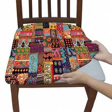 Conjunto de 2/4/6 capas de almofada elásticas com estampa boêmia, ideais para decoração de casa, sala de estar, sala de jantar, jardim, hotel e festas. Feitas em poliéster lavável, são perfeitas para proteger o assento da cadeira. - Multicolorido - Ver 3