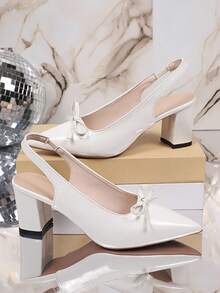 1 paire de sandales à talons hauts beige grande taille pour adolescentes, bout pointu, à enfiler, en cuir verni brillant + décoration nœud, talon épais rehaussant, design antidérapant, style minimaliste élégant et polyvalent, convient pour le quotidien décontracté, l'école, les fêtes, les représentations, la scène, les rendez-vous, les vacances, nouveauté été 2026 - Blanc - Voir 5