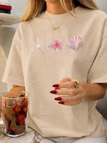 Women's Beach T-Shirt With Sea And Shell Print, Comfortable Cotton, Summer Look - 米色 - 查看 1
