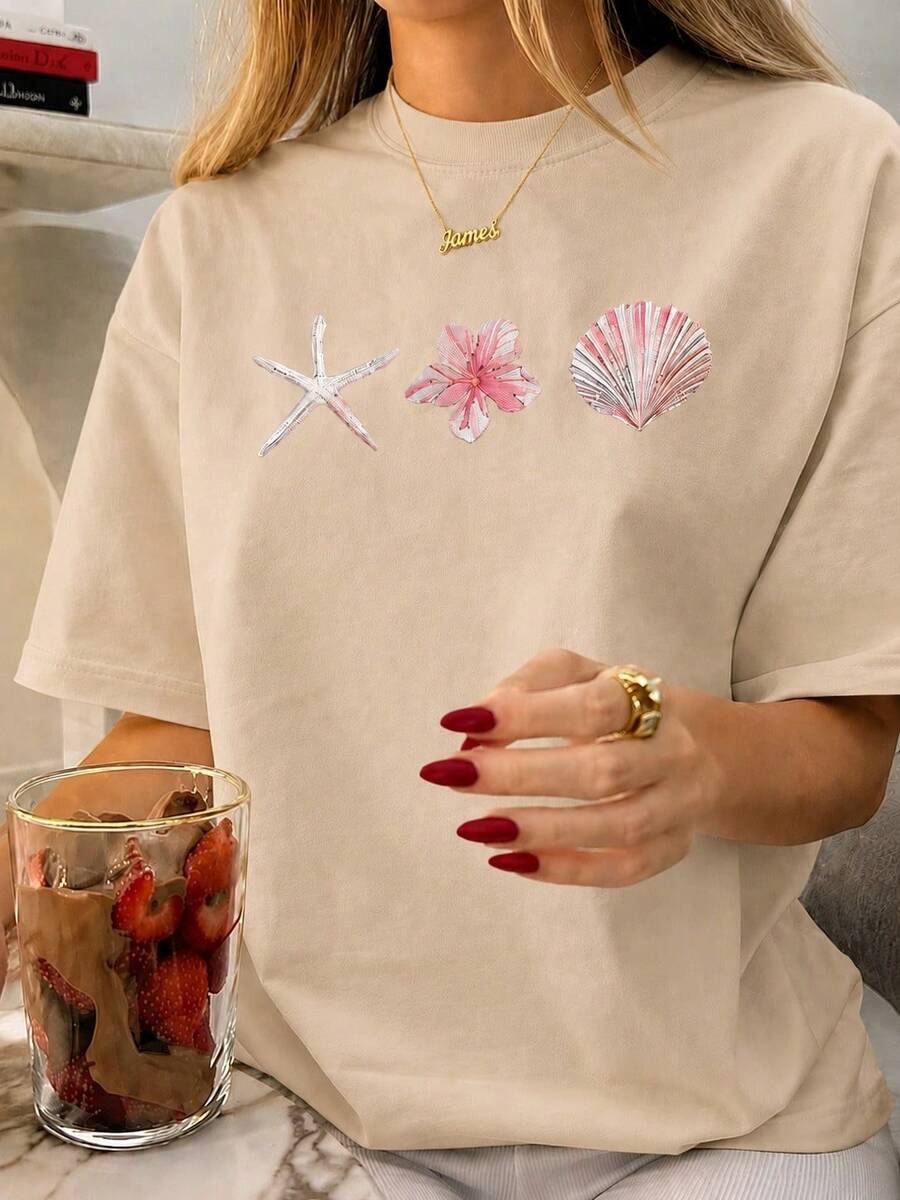 Women's Beach T-Shirt With Sea And Shell Print, Comfortable Cotton, Summer Look - 米色 - 查看 1