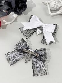 2入哥德蘿莉塔風蕾絲愛心飾品緞帶髮夾，適合節日裝扮與日常穿搭，哥德時尚愛好者適用，髮飾髮夾、髮爪 - 白色 - 查看 3