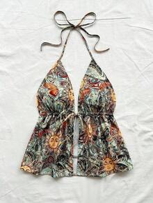 Verano para mujer, top de tirantes halter de verano, Pascua, vacaciones para mujer, ropa occidental para mujer, concierto para mujer, festival rave, mujer bohemia, festival de música, mujer con estampado de girasol vintage arrugado con espalda desc - Multicolor - Ver 6