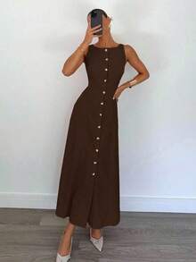 Vestido de algodón con rayas de color azul claro elegante, vestido maxi sin mangas de verano elegante para mujeres, conjunto de vestidos ajustados con botones delanteros sexy, ropa de trabajo retro y elegante, vestido largo cómodo y transpirable para vacaciones - Cafetería - Ver 5