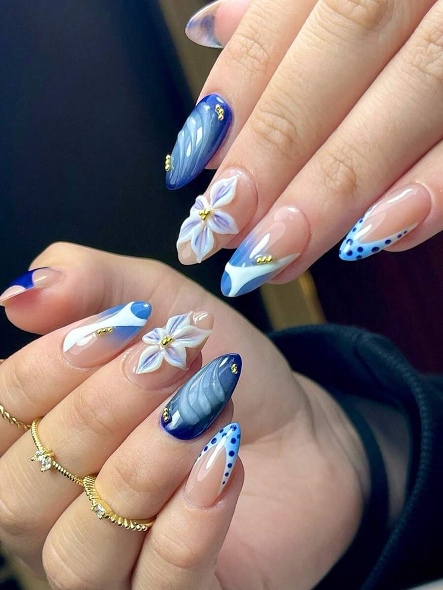 24片/組 中長杏仁形奢華優雅藍色紮染波點3D浮雕法式花卉金珍珠飾全覆蓋穿戴式指甲,含1瓶凝膠指甲油及1個指甲銼條,適合所有女性/女孩日常佩戴、節慶、派對及慶典 - 彩色 - 查看 1