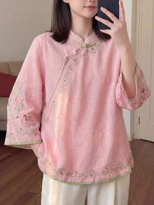 JIANHU Blusa suelta, elegante y versátil con diseño de botones chinos modernos y cuello Mao bordado, para primavera/verano - Rosado Sandía - Ver 1