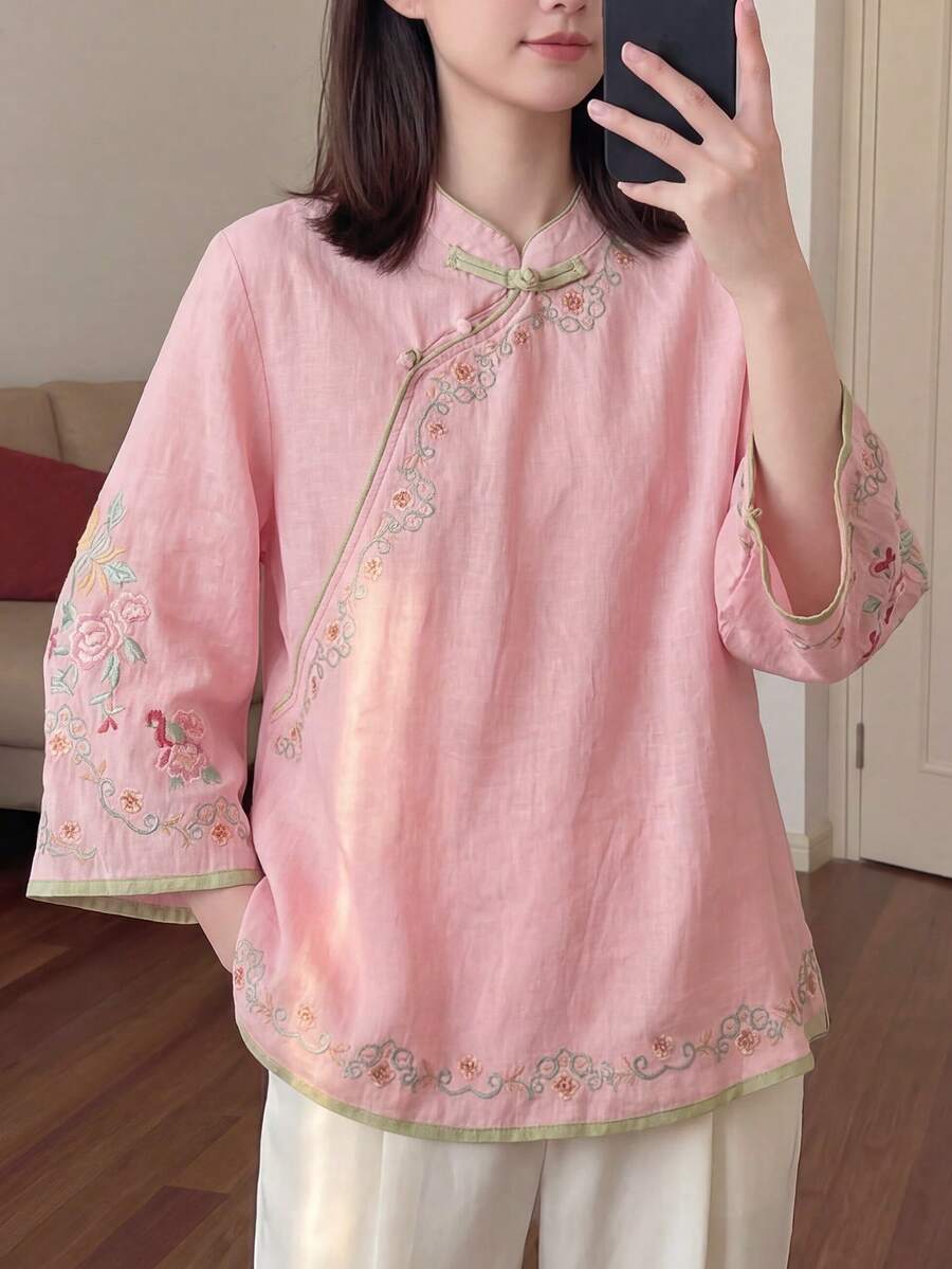 JIANHU Blusa suelta, elegante y versátil con diseño de botones chinos modernos y cuello Mao bordado, para primavera/verano - Rosado Sandía - Ver 1