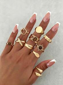 10件套简约法式复古金属戒指，奢华亚克力钻石戒指，适合派对、送礼和日常佩戴 - 金黃色 - 查看 1