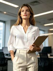 Women's Elegant V-Neck 3/4 Lantern Sleeve Blouse, Solid Color Four-Way Stretch Non-Sheer Business Commute Shirt, Versatile For Various Occasions In Summer White - White - View 3