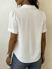 Women Collared Half Placket Short Sleeve Shirt, Solid Linen‑Texture Pleated Front Loose Fit Casual Fall Blouse - White - View 2
