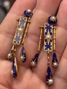 一对时尚优雅的复古几何珐琅水滴形吊坠耳环，星形图案耳钉，金属仿珍珠多色吊坠耳环，适合女性日常佩戴、节日、周年纪念日以及作为珠宝礼物。 - 彩色 - 查看 3