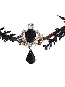 1pc Handmade Gothic Black Leaf Hair Accessory, Embellished With Teardrop Crystals And Pearls, Adjustable Black Ribbon Crown, Suitable For Dark Weddings, Cosplay And Gothic Aesthetic Photography - View 4