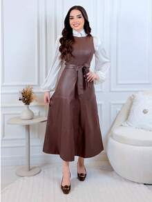 Midi Dress With A Flared, Fitted Waist In Faux Leather. Modest And Elegant Fashion. Conservative/Modest. Suitable For Parties, Casual Wear, Boho, Formal And Evening Wear, Office, Everyday Wear, Autumn/Winter. - 咖啡棕色 - 查看 3