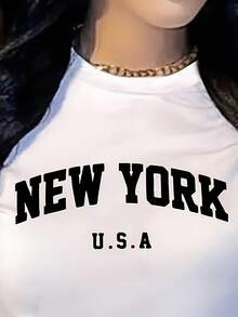 Summer T-Shirt With Round Neck And Letter Print - White - View 5