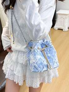 Korean Style Fashion Rhombus Fringed Shoulder Bag Minimalist Elegant High-Quality Crossbody Bag Versatile Drawstring Bucket Bag Suitable For Daily, Date, Evening Party And Other Occasions - Blue and White - View 5