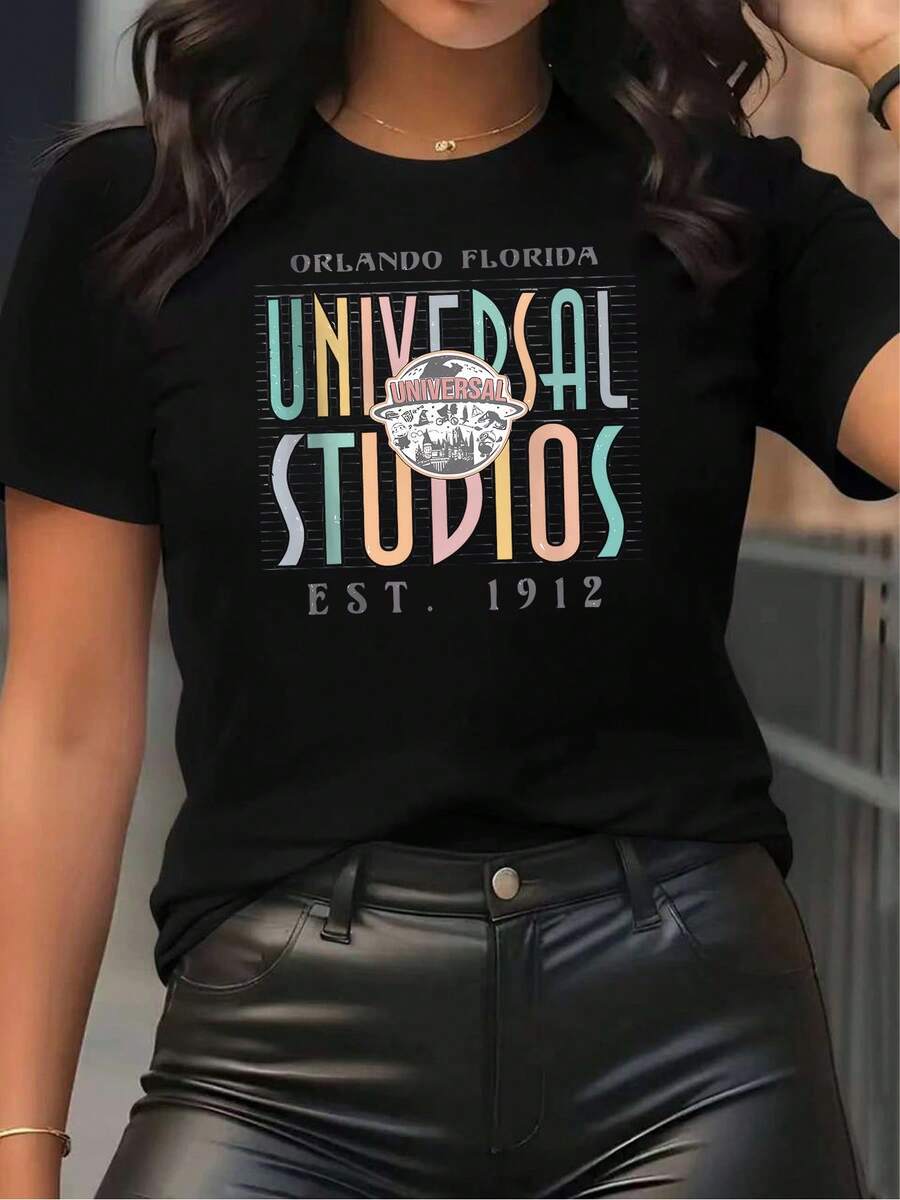 Women's Studios Orlando T-Shirt - Retro Florida Vacation Tee With Iconic Print, Short Sleeve Crew Neck Casual Top Suitable For Theme Park Visits, Family Trips & Daily Wear, Machine Washable For Florida Getaways - màu đen - Xem 1
