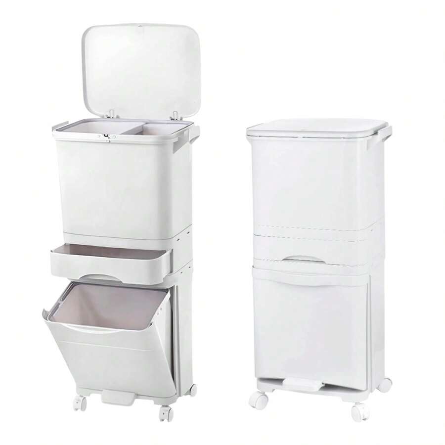 Genérico Cubo de basura de cocina de 43.2 L con 3 compartimentos, cubo de reciclaje grande de pp, sistemas de separación de residuos, cubo de basura con pedal, tapa con ruedas y asa para cocina 43.2L (24L+5.2L+14L) - Ver 1