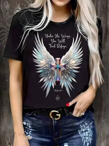 Camiseta casual de manga corta y cuello redondo para mujer, con diseño de alas de ángel y cruz, corte holgado, adecuada para primavera, verano y otoño, lavable a máquina, ajuste cómodo. - Negro - Ver 7