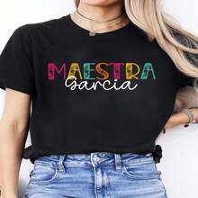 1 pieza de  playera para hombre y mujer, 100% algodón puro, cuello redondo casual con estampado, manga corta transpirable para uso diario, con dise?o de letras en color espa?ol - Negro - Ver 2