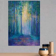 1 pieza de arte de pared en lienzo abstracto de bosque pastel - Pintura moderna minimalista verde púrpura rosa, marco de madera envuelto a prueba de agua, paisaje de naturaleza sereno listo para colgar para sala de estar, dormitorio, baño, regalo de inauguración de la casa, decoración del hogar con tonos suaves y apagados - Enmarcado - Ver 3