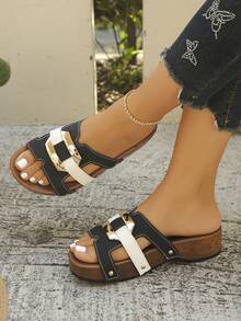 Mode Quadratische Schnalle Dekor Farbblock Cut Out Frauen Plateau Keilabsatz Bequeme Schwarze Slide Sandalen, Urlaubsstil Lässige Sommer Plateau Pantoffeln, Große Größen - Schwarz - Übersicht 1