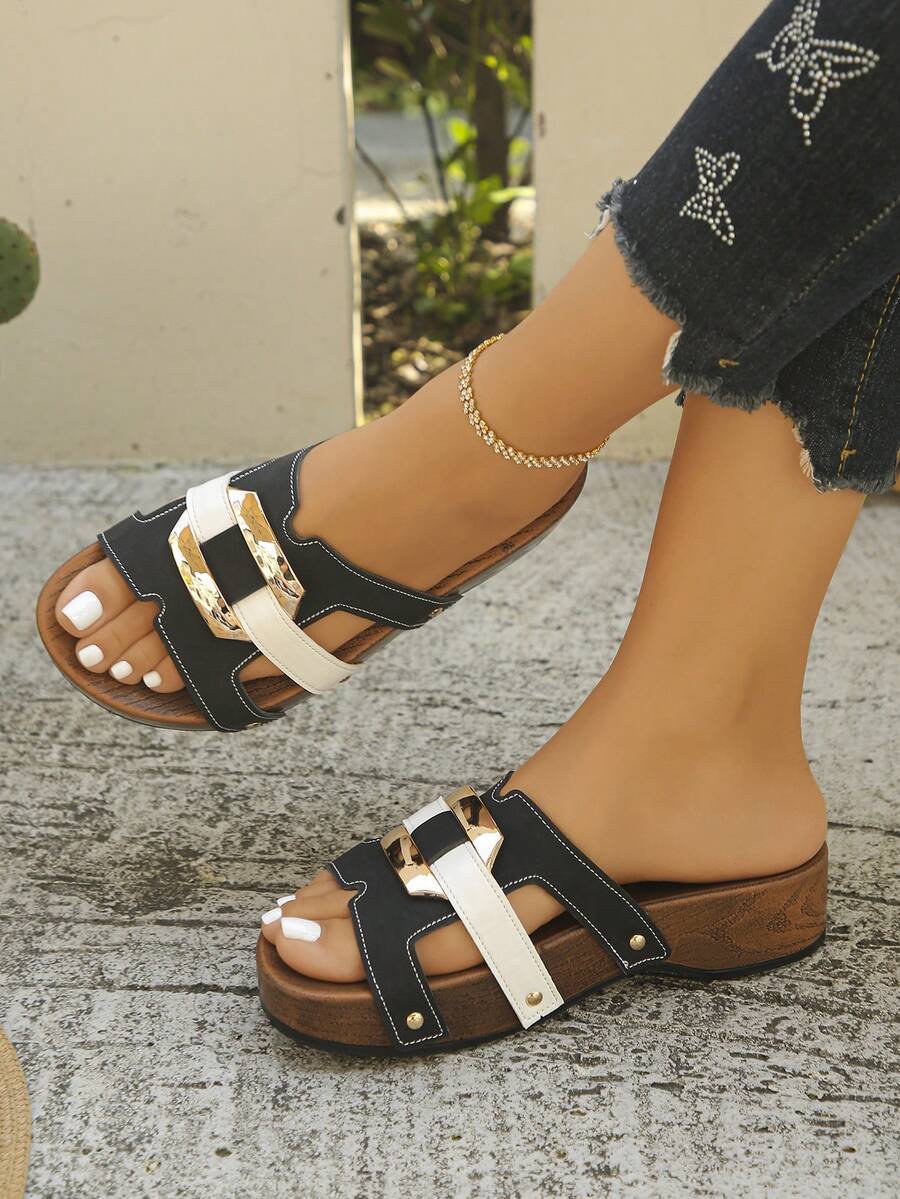 Mode Quadratische Schnalle Dekor Farbblock Cut Out Frauen Plateau Keilabsatz Bequeme Schwarze Slide Sandalen, Urlaubsstil Lässige Sommer Plateau Pantoffeln, Große Größen - Schwarz - Übersicht 1