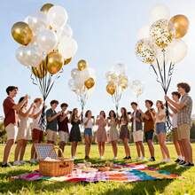 30pcs 10/12 Inch (Approx. 25.4cm) White Gold Latex Balloon Set - Pearl White, White, Metallic Gold Foil Confetti Party Balloons With Ribbon, Suitable For Wedding Party, Anniversary, Baby Shower Decoration. - Set - View 6