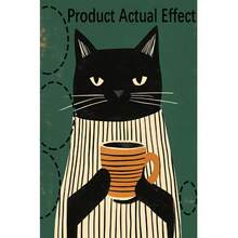 Vintage Minimalist Black Cat Cafe Canvas Art Decor, Green & White Stripes, Playful Cat Holding Coffee Cup, Suitable For Kitchen, Bedroom, Office And Cafe - High Quality Canvas Poster, Cat Decoration - Multicolor - View 2