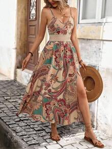 xheBrillora Vestido de mujer con corte lateral e impresión vacacional con cuello halter tejidoxhe - Multicolor - Ver 6