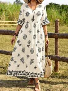 EMERY Vestido casual de vacaciones con estampado geométrico de talla - Albaricoque - Ver 12