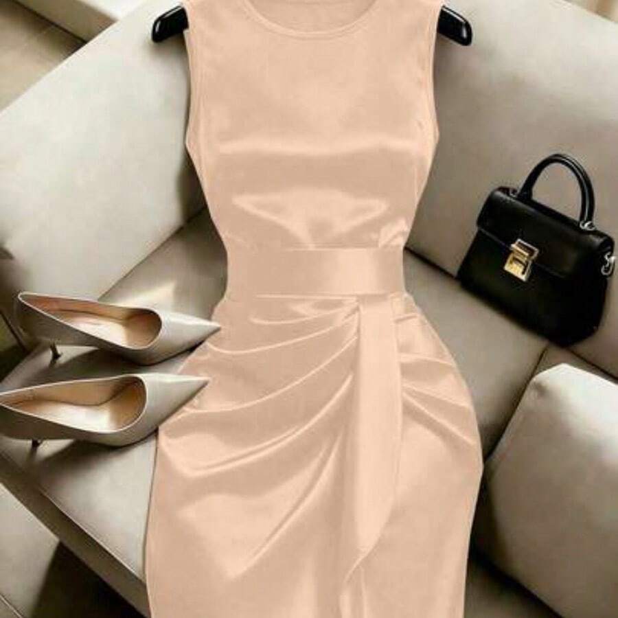 guang zhou mi qian shang mao Vestido de mujer de alta gama y lujo, de moda de nicho francés retro, sin mangas, con pliegues, brillante, con abertura asimétrica y cintura ceñida - Albaricoque - Ver 1