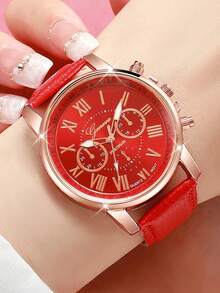 Set de 7 relojes de cuarzo con correa de piel de PU y aleación de moda - Rojo - Ver 4