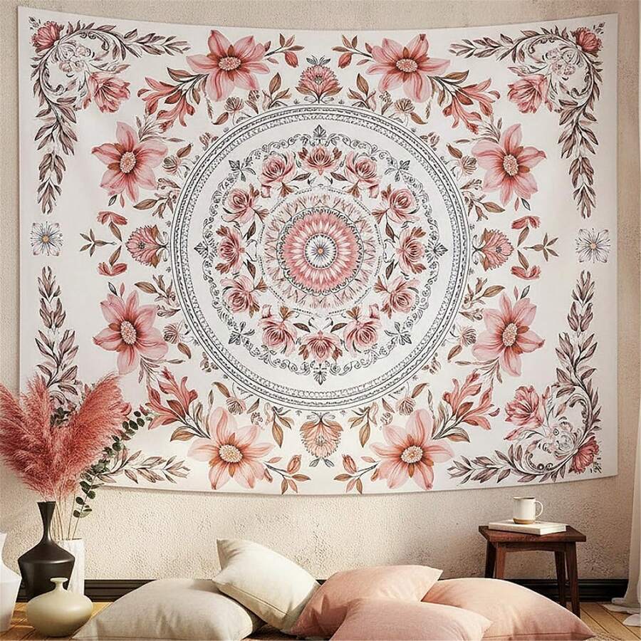Pink Floral Tapestry Wall Hanging Boho Mandala Medallion Tapestry Aesthetic Watercolor Flower Cute Small Tapestries For Bedroom Living Room Dorm Decor 40 X 60 Inch - 1 - 查看 1