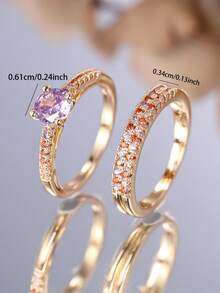 Vanel 1 Set Modern Gold Zirconia Ring Set, Delicate Stackable Design, Everyday Jewelry - Golden-purple - View 4