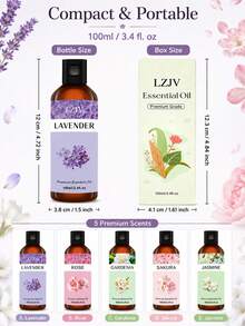 LZJV 5瓶100毫升花香精油套装，薰衣草、玫瑰、樱花、茉莉，天然香氛精油，适用于护肤、护发、DIY香氛、家居及车载空气清新剂，舒缓身心。 - 多樣化香型 - 查看 6