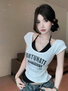 American Style 2 In 1 Printed Halter Neck Short Sleeve T-Shirt, New Summer Fashion Ins Style Women Top White - White - View 3