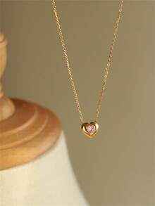 TONSI 1pc 18K Gold Plated Stainless Steel Heart Pendant Necklace, Low Allergy Zirconia Inlaid Choker Necklace, Suitable For Women's Daily, Commute, Holiday, Party Wear, Gift For Friends, Colleagues, Lovers, Valentine's Day - Gold - View 4