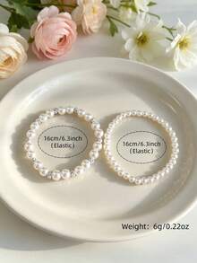 2pcs Faux Pearl Bracelet Set, Elegant Versatile Faux Pearl Beaded Bracelet, Cute Boho Style Jewelry For Girls, Adjustable Elastic Bracelet, Bridesmaid Party Gift, Suitable For Women And Girls, Suitable For Any Occasion - White - View 5
