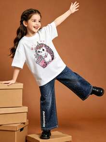 Soft, Casual Short-Sleeved, Round-Neck T-Shirt For Girls With A Hedgehog Print, Ideal For Spring And Summer. White - White - View 9