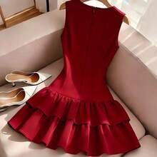 YijiaNvz  Vestido elegante sin mangas estilo francés, vestido mini con decoración de lazo rojo, adecuado para salidas diarias, citas, vacaciones - Albaricoque - Ver 3