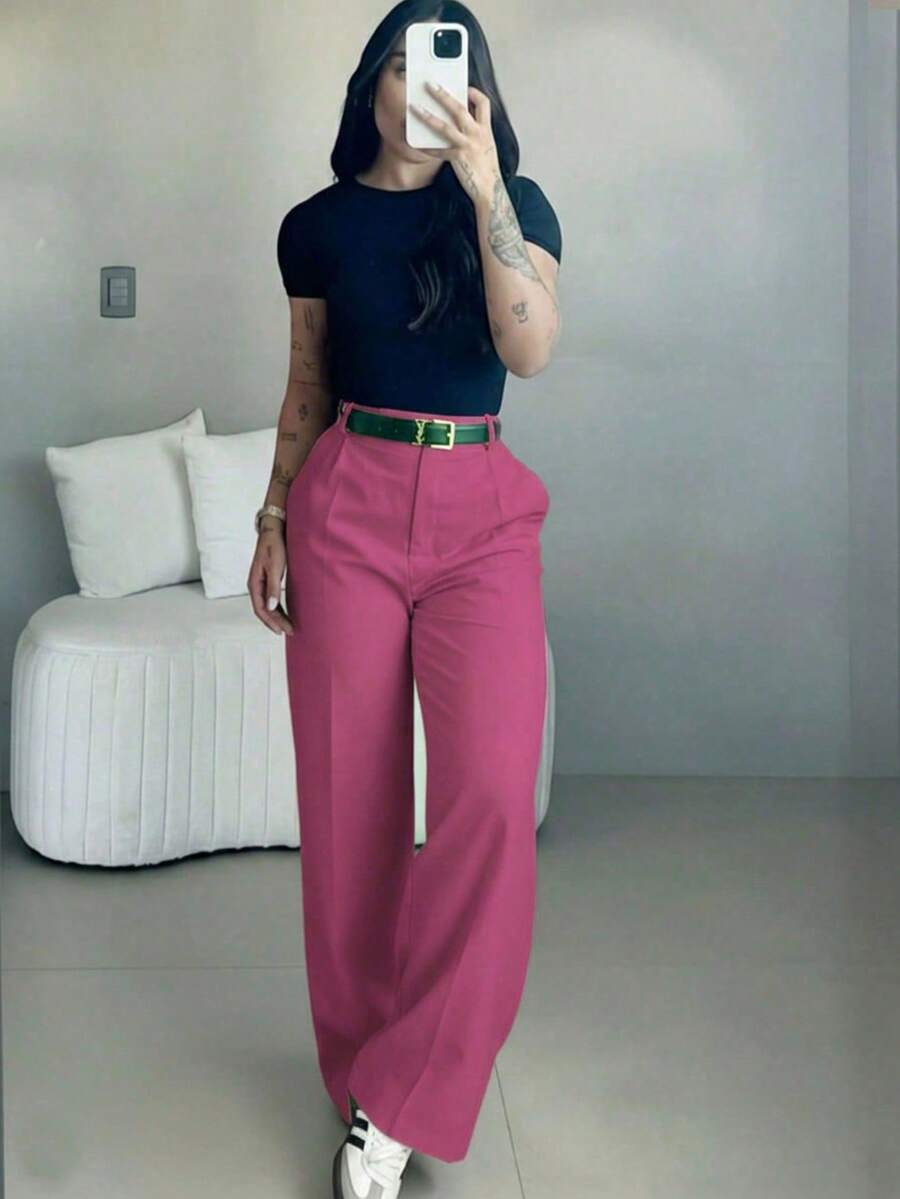 Quần ống rộng cạp cao dáng ôm dành cho nữ màu hồng fuchsia | Phong cách đường phố Bohemian | Thích hợp cho mùa xuân/hè, đi làm và đi nghỉ mát (Không bao gồm thắt lưng) - Màu Hồng Tươi - Xem 1