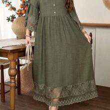 guangzhougaolangshangmao Lacomfia Vestido de línea A con parches de encaje floral vintage para mujer de talla grande - Verde - Ver 5