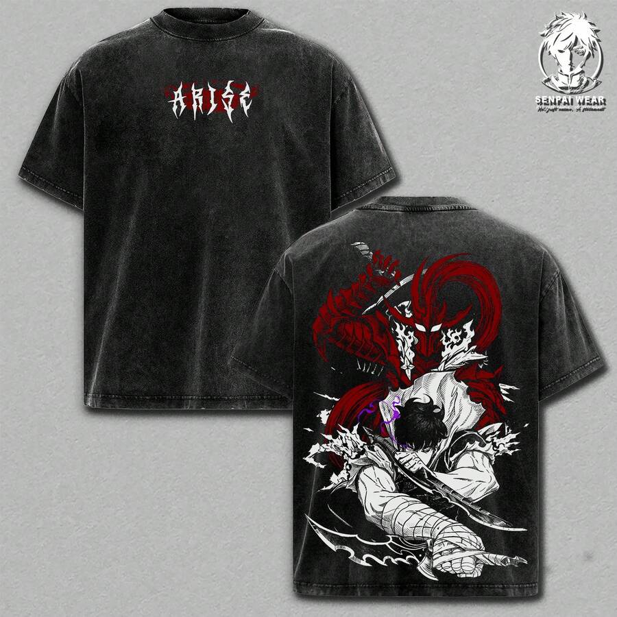 Sung Jinwoo T-Shirt – Leveling Oversized Anime Graphic Tee, Thick Cotton T-Shirt With Acid Wash Effect, Vintage Manhwa Streetwear, Unisex Casual Wear, Anime Merchandise, Gift For Anime Fans - 黑色 - 查看 1