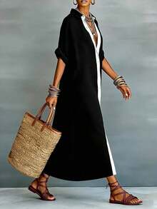 xheEMERY ROSE Vestido casual largo de mujer con efecto de lino suelto y parchesxhe - Blanco y Negro - Ver 6