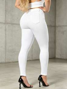 Women's Mid Waist Stretchy Skinny Jeans, Light Wash Slim Fit Denim Pants With Pockets, Sexy Casual Everyday Trousers - 白色 - 查看 2