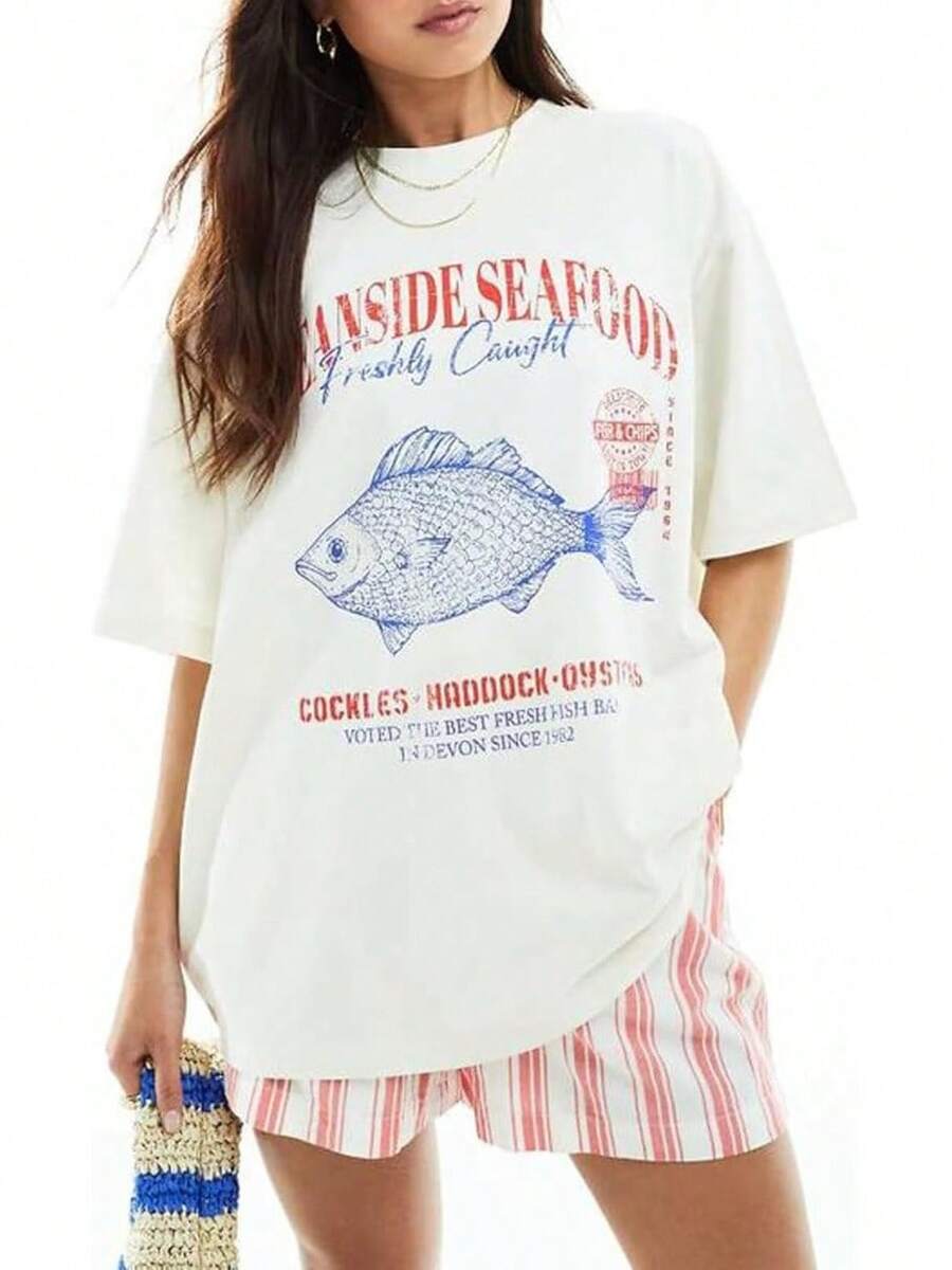 Oversized Youth T-Shirt In A Y2K Style For Girls, With A Cute Retro Fruit Print Design. Super Loose And Cool For Summer, Comfortable Clothing Ideal For Everyday Wear And Casual Outings. 85NW - 白色 - 查看 1